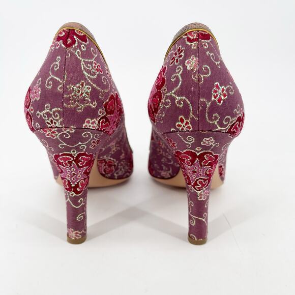 Vintage Prada Plum Gold Brocade Snakeskin Trim Bow Square Toe Heels IT 37.5 - Picture 10 of 13